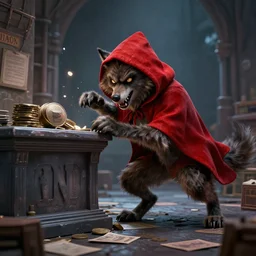Crazy werewolf with crazy red riding hood robbing a bank, level design, Greg Rutkowski, artstation, CGSociety, Unreal Engine, matte paiting by beeple and RHADS, ultra realistic, award winning, artstation, unreal render