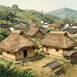chinese village of ancient thatched houses by Greg Rutkowski,trending on artstation