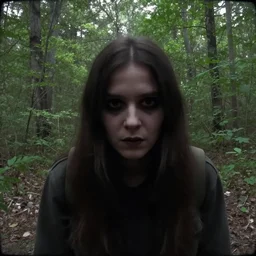 a trailcam photograph of a person looking straight at the camera, creepy