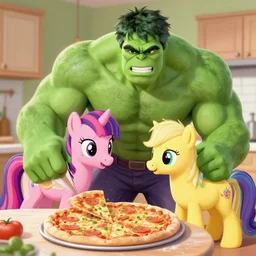 hulk teaching a pony how to make pizza