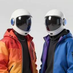 two models in plastic space masks wearing baggy colorful 9 0 s jackets by rick owens. illustration. frank frazetta. pastel brutalist background.