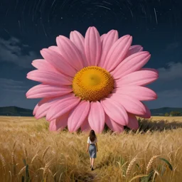 giant pink daisy flower head, girl walking in wheat field, hills, surreal photography, dark night, star trails, dramatic light, impressionist painting, clouds, digital painting, artstation, simon stalenhag