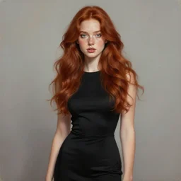 beautiful girl, long wavy hair, small nose, freckles, red hair, portrait, photorealistic oil painting, highly detailed, pretty woman, attractive, black dress, tight dress