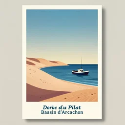 a neo retro poster a boat at see near dune du Pilat at bassin d'arcachon, pale gradients design, matte drawing, clean and simple design, outrun color palette, australian tonalism, painted by Morandi, Agnes Pelton