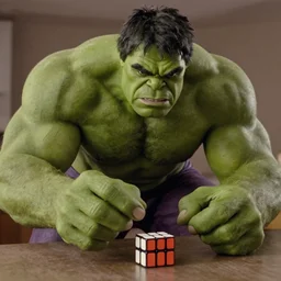 the incredible hulk attempts to solve a tiny rubix cube, film still