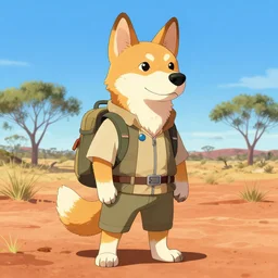 stylized three quarters portrait concept art of the anthro anthropomorphic dingo dog head animal person fursona wearing clothes hiker adventurer standing in australia outback, hidari, color page, tankoban, 4 k, tone mapping, akihiko yoshida, clean bright happy