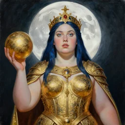 painting of junoesque plus size priestess of the moon, golden filigree armor and tiara, gold orb in held in left hand, moon above head, dark blue straight hair, smooth translucent skin, wide striking eyes, beautiful! coherent! by brom, by brian froud, strong line, high contrast, muted color, 4 k, trending on artstation