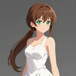 Anime girl with green eyes and brown ponytail wearing a white dress, digital art comission, high resolution
