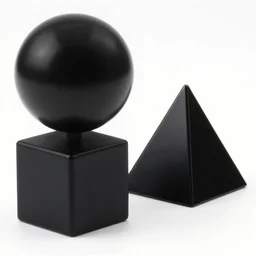 one black sphere | one black cube | one black pyramid, on a white background