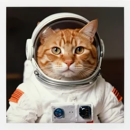lomo photo of a ginger cat in spacesuit