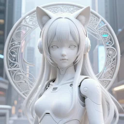 3 d octane render, one person, artificial body, ultra photorealistic, 8 k hyper detailed white image very white, a very cute young girl, cat ears, cyberpunk, in neo tokyo, artwork by alphonse mucha