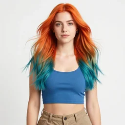 a award winning half body portrait of a beautiful caucasian woman in a croptop and cargo pants with ombre orange blue teal hairstyle with head in motion and hair flying by yoshii chie and hikari shimoda and martine johanna and will eisner, outrun, vaporware, digital art, trending on artstation, highly detailed, fine detail, intricate