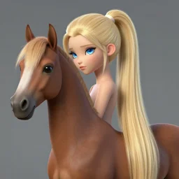 portrait of centorea cerea shianus, a fair - skinned female centaur monstergirl with sky blue eyes pointed and very long blonde ponytail hair that matches her horse tail, and a brown horse body below her torso