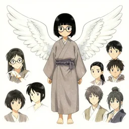 concept art of a cute japanese girl with wings and short black hair, wearing round glasses and a long robe, drawn by akihiko yoshida and tsutomu nihei and makoto shinkai and wadim kashin and john berkey and yoji shinkawa
