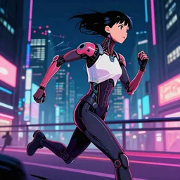 a female android running in cyberpunk tokyo by night, digital hand drawing and coloring, ghost in the shell, neons lights