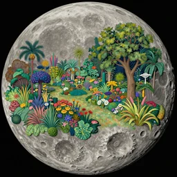 a landscape on the moon with many craters, a beautiful flowering garden, a lot of exotic vegetations and trees, intricate detaild, 8 k, in the style of martin johnson heade and roger dean