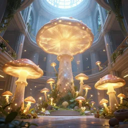 Matte painting of the interior view of giant atrium. Glowing mushrooms. Fantastical, detailed digital art trending in artstation