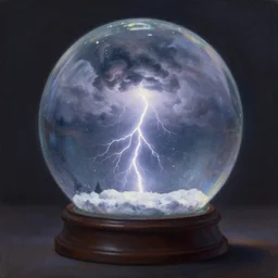 a snow globe with a lightning storm inside. roiling clouds, light and dark, dramatic lighting. beautiful painting by greg rutkowski and rembrandt