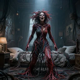 rgb, woman, bedroom full of thunder, rage, cinematic, movie scene, inspired by zdzislaw beksinski, clothes made out of veins,, cables everywhere, bedroom, ultra realistic, concept art, intricate details, highly detailed, photorealistic, octane render, 8 k