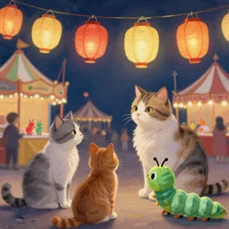 detailed painting of cats and caterpillars at a carnival at night watching paper lanterns, in the style of eyvind earle and vincent van gogh