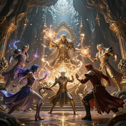 5 mystic fantasy characters fight with magic in big cave, action scene, lumen reflections, sharpened, insanely detailed and intricate, hypermaximalist, elegant, ornate, hyper realistic, super detailed, digital art, bokeh blur