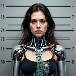 grainy photo of an ugly woman, wearing bionic implants, cyborg!!! android criminal!!, (((((high tech, circuit boards))))), mugshot!!!