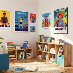 a french style room , teenage style, books, posters, messy, indoor scene, beautiful, realistic, design, 8k, highly detailed, light effect, vibrant, colorful, artstation