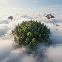 a wide shot of a forest growing on top of cumulus clouds  Drone fish eye shot Alien flying creatures and post Solar punk flying human transport machines in the sky, beautiful, stunning, serene, volumetric light, volumetric clouds, photography, color, intricate, extremely detailed, photorealistic, unreal engine 5
