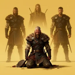 aesthetic digital illustration of a wounded viking warrior on his knees by anne stokes, greg rutkowski, and brian belledin | dirty and bloody, concept art, character concept, matte background, golden ratio, rule of thirds, golden hour lighting, unreal engine, finalrender, centered, deviantart, artgerm