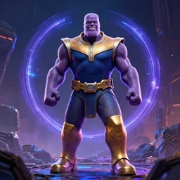 Thanos standing in a portal of energy on a post apocalyptic battlefield, grinning emperor of the world, action pose, dramatic lighting, high contrast, cosmic horror, abstract, masterpiece, trending on ArtStation, by Moebius, blizzard concept artists, Greg Rutkovski and by Craig Mullins and by David Cronenberg and by Ismail Inceoglu