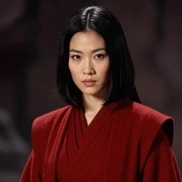portrait of a woman by greg rutkowski, jedi queen, half asian, black bob hair, star wars expanded universe, she is about 5 0 years old, wearing jedi red robes.