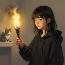 a matte painting of a pale young girl in a black hoodie and black hair with a cat by frank lloyd wright and zaha hadid torch volume light stylized illustration digital airbrush painting, 3 d rim light, hyperrealistic masterpiece, artstation, cgsociety, kodakchrome, golden ratio