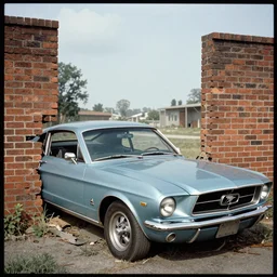 1973 photo of mustang wrecked into brick wall retro film picture