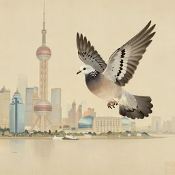 A spotted dove flying, with landmark of Shanghai as background, Qing dynasty painting
