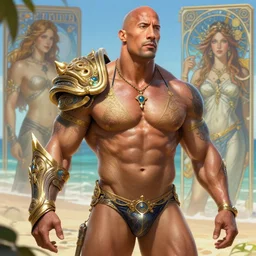 photography of dwayne johnson wearing a bikini at the beach, deep focus, d & d and mtg, fantasy, intricate, elegant, highly detailed, digital painting, artstation, concept art, matte, sharp focus, illustration, hearthstone, art by artgerm and greg rutkowski and alphonse mucha