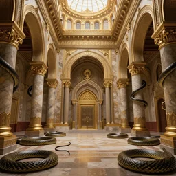 byzantine halls, snakes everywhere, exquisite, volumetric lighting, 8 k octane beautifully detailed render, post - processing, extremely hyper - detailed, intricate, epic composition, cinematic lighting, masterpiece, trending on artstation, stunning art by caravaggio, by bakshi, beautiful cinematic light