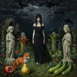 realistic painting of black dripping oily sky, a witches garden, tall emo girl, stone sculptures, a fox, a pear, dark clouds, boulders, caves, pomegranate, bromeliads, herbs, raven, courgettes, berries, zen, sensual, surrealist painting by magritte and monet and rousseau