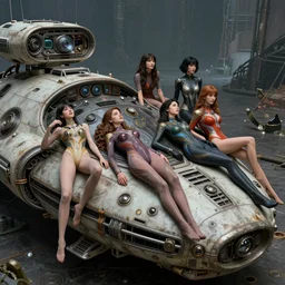 girls resting on an old sci - fi vehicle, fantasy character portrait, bodysuit, leotard, ultra realistic, wide angle, intricate details, the fifth element artifacts, highly detailed by peter mohrbacher, hajime sorayama, wayne barlowe, boris vallejo, paolo eleuteri serpieri