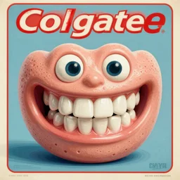 A Colgate-shaped monster as advertisement for toothpaste, 3D physical tactile illustration vintage, TV Commercial break, advertisment poster printed CMYK ink colored lithography, big smiling perfect teeth shiny porous skin, highly detailed monster teeth, low-res edgy, still from a Pixar John Lasseter movie