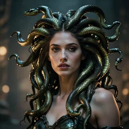 portrait, medusa with snakes as hair, dynamic lighting, volumetric, bokeh, cinematic, extremly high detail, photo realistic, cinematic lighting, post processed, concept art, artstation, matte painting, style by eddie mendoza, raphael lacoste, alex ross