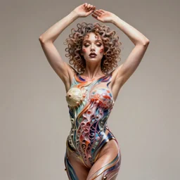 Vass Roland cover art body art arms up pit pose future bass girl unwrapped smooth body unfolds statue bust curls of hair petite lush front and side view body photography model full body curly jellyfish lips art contrast vibrant futuristic fabric skin jellyfish material metal veins style of Jonathan Zawada, Thisset colours simple background objective