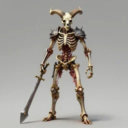 A spiked horned skeleton with armored joints stands with a huge two-handed weapon in his hand. Extremely high detail, realistic, fantasy art, solo, masterpiece, saturated colors, bones, ripped flesh, art by Zdzisław Beksiński, Arthur Rackham, Dariusz Zawadzki