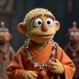 hyper realistic portrait of postapocalyptic muppet show puppet death cult monk, glass beads, clay amulets, cinematic, artstation, cgsociety, brian froud, jean baptiste monge