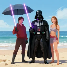 darth vader enjoying a day at that beach with lightsaber umbrella, by rossdraws and annie leibovitz, artstation