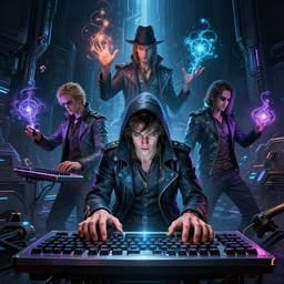 sci fi cyberpunk fantasy art prompt magicians casting spells with keyboard, by greg rukowski, ilya kuvshinov ultrahd dark volumetric lighting