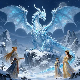 Ice Dragon on a beautiful fantasy landscape, mountainside, winter, moonlit, HD, illustration, epic, D&D, fantasy, intricate, elegant, highly detailed, digital painting, artstation, concept art, smooth, sharp focus, illustration, wallpaper, art by artgerm and greg rutkowski and alphonse mucha and jin xiaodi