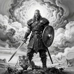Ultra realistic painting of a viking. He holds a sword in one hand and a shield in the other. The Viking puts his foot on a tiger. Horror, omnipresent sky, symmetry of precise lines, very complex details, black and white, volumetric luminous clouds,fantasy art, matte painting