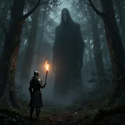 a dark foggy forest, a very tall and thin faceless monster standing amongst the trees observing a knight holding a lit torch at it, style of alexandre chaudret, horror, dark fantasy, high detail, artstation