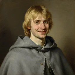 a 4 0 year old man with blonde hair and hazel eyes and a handsome friendly smiling face. he is wearing a tattered grey cloak. portrait painting by artgerm and greg rutkowski and alphonse mucha.