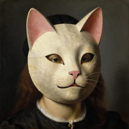 portrait of a person with a paper mache cat mask, oil painting by jan van eyck, northern renaissance art, oil on canvas, wet - on - wet technique, realistic, expressive emotions, intricate textures, illusionistic detail